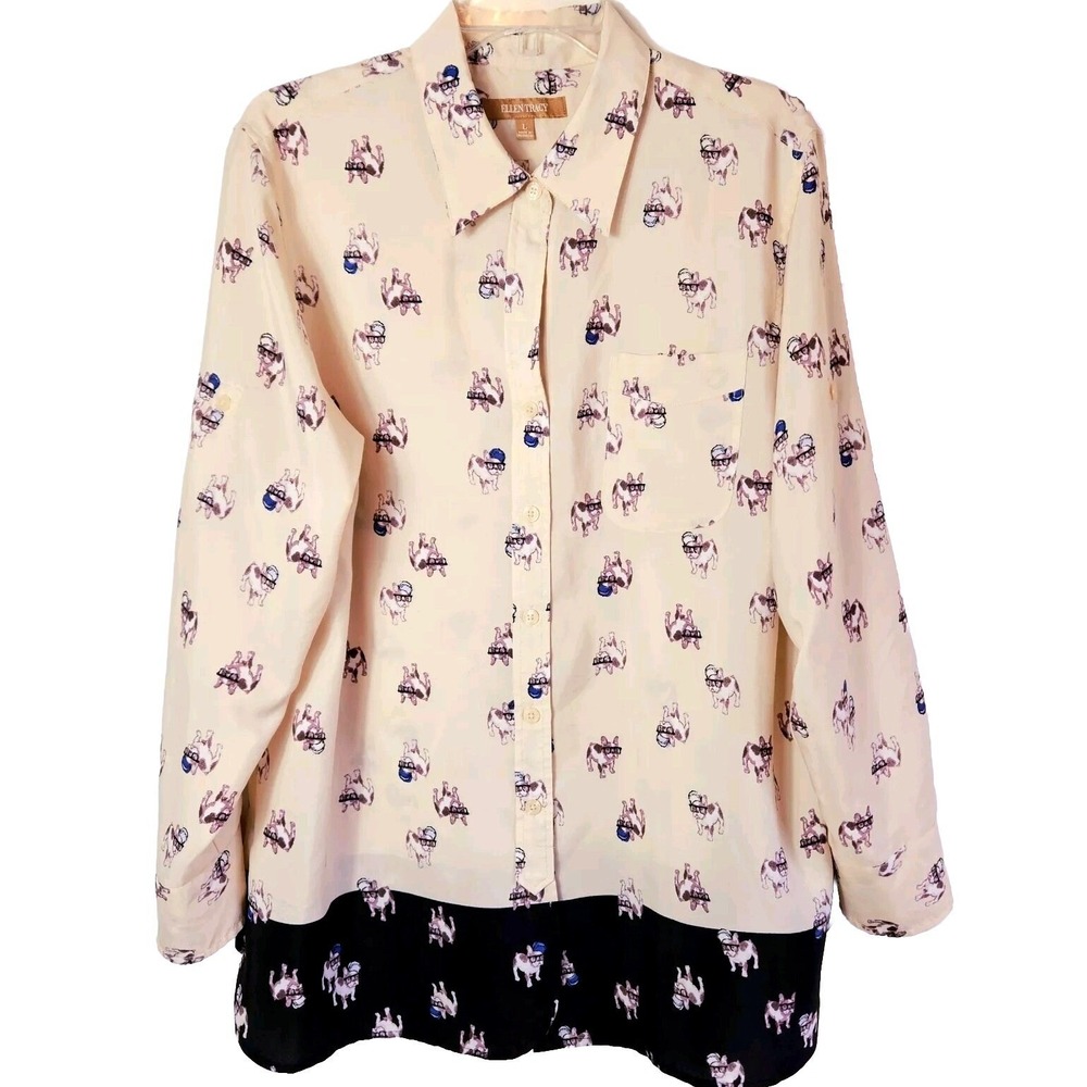 Ellen Tracy Cream French‎ Bulldog Shirt L Quirky Whimsy Frenchie Dog -Lover Top